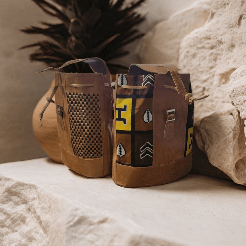 Woman hand-made pure leather Rucksack(Black/Yellow Pattern)