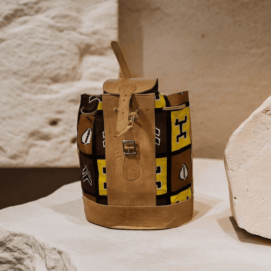 Woman hand-made pure leather Rucksack(Black/Yellow Pattern)